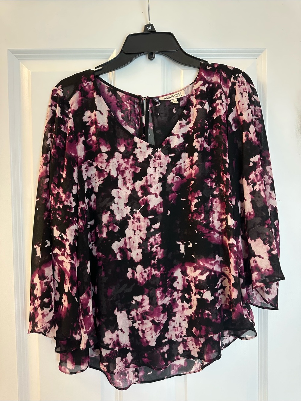 Jennifer Lopez Black and Purple Floral V-Neck Blouse